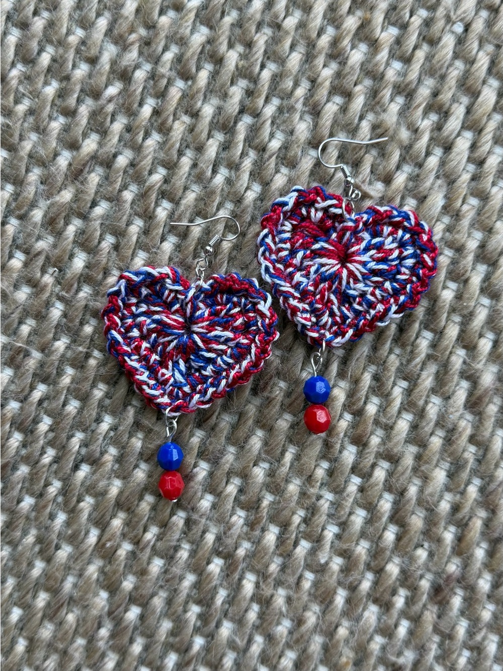 Hand Crafted Red, White & Blue Crocheted Heart Earrings